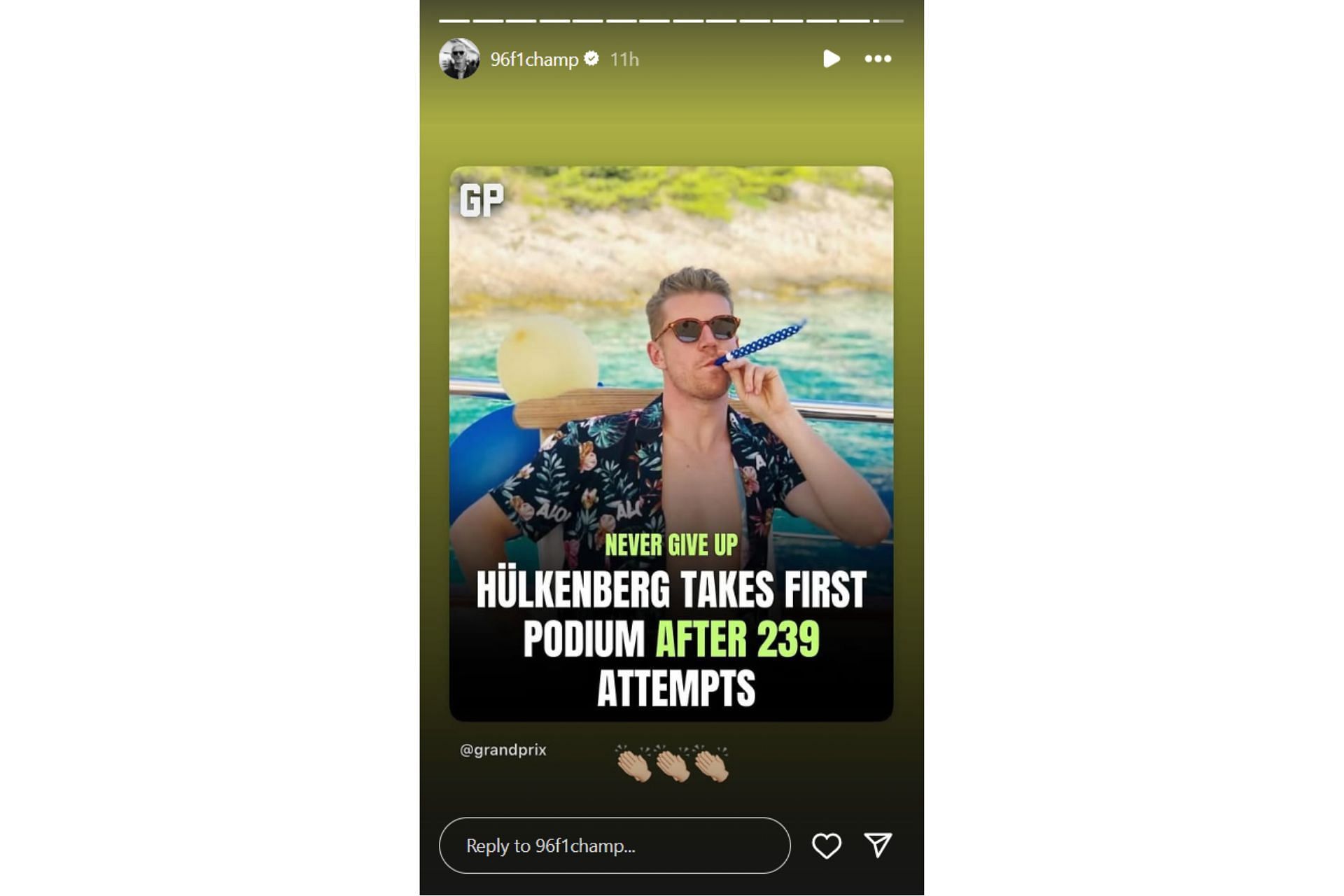 Snapshot of Damon Hill's Story about Nico Hulkenberg. (Instagram/@96f1champ)